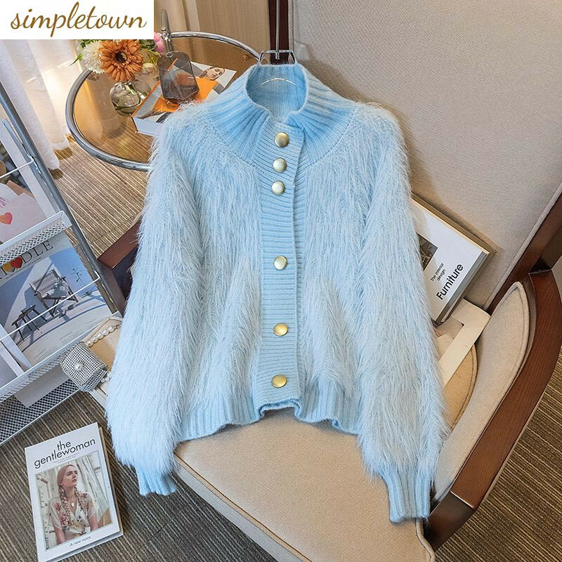 European Imitation Mink Loose Knit Cardigan Sweater Jacket for Women's Autumn and Winter Standing Collar New Sweater