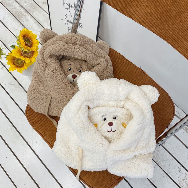 Chapéu de lambswool bonito urso feminino, máscara de proteção auricular, chapéu de pelúcia à prova de vento, espessamento, manter aquecido, inverno