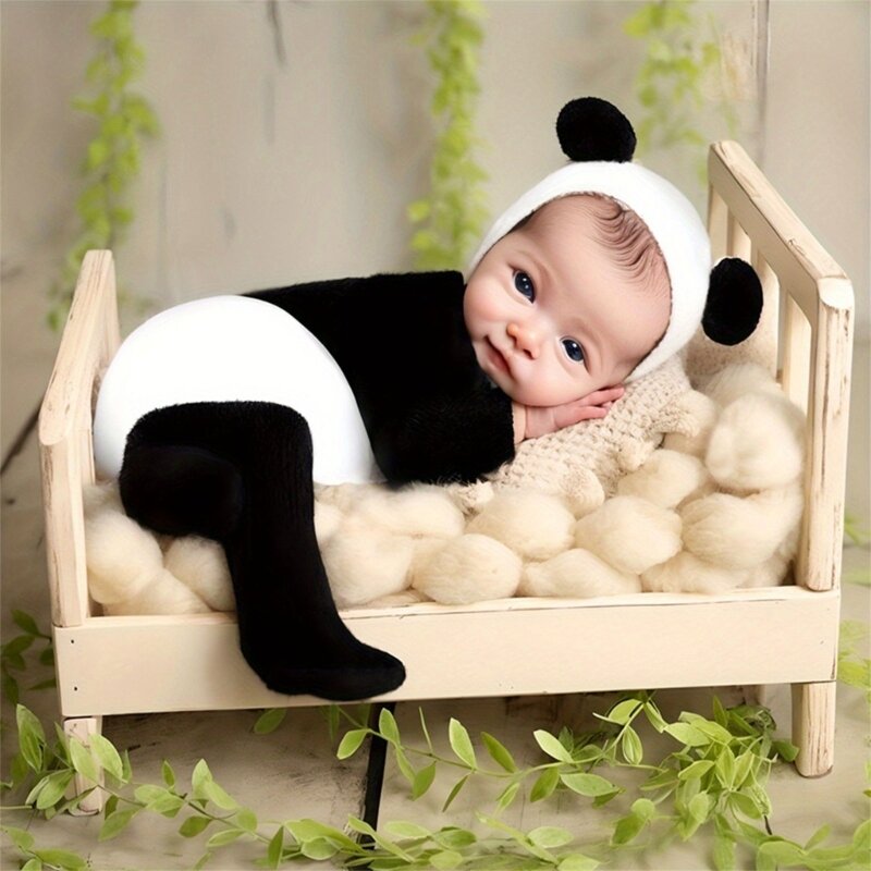 L5YF 愛らしい新生児写真撮影コスチュームかわいいパンダをテーマにしたジャンプスーツ & 調節可能なあごストラップ帽子写真撮影小道具