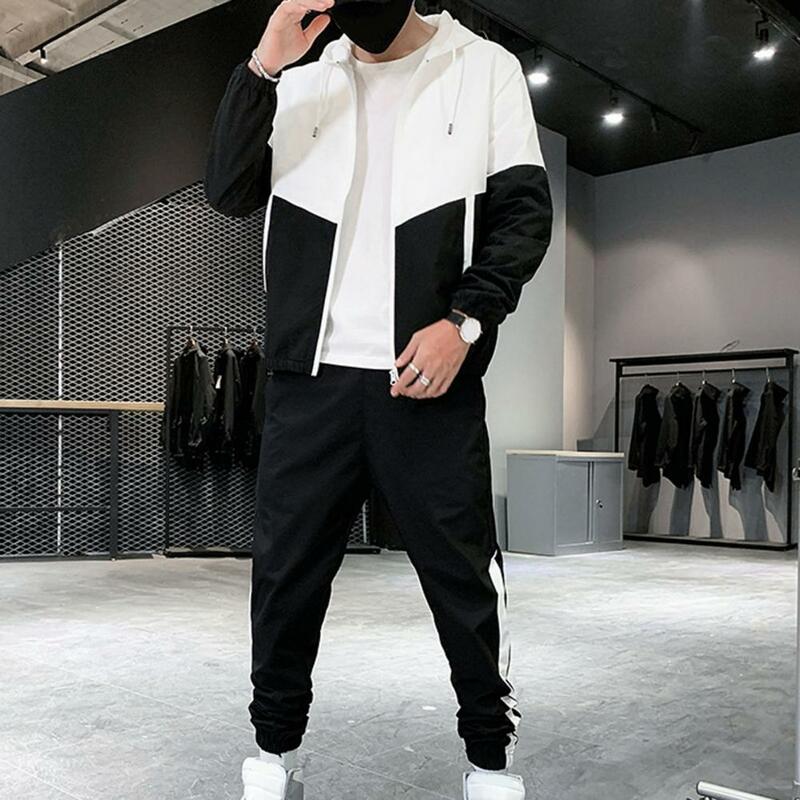 Color Block Casual Outfit Men's Patchwork Color Sport Outfit Hooded Zipper Coat Elastic Waist Sweatpants Set Stylish