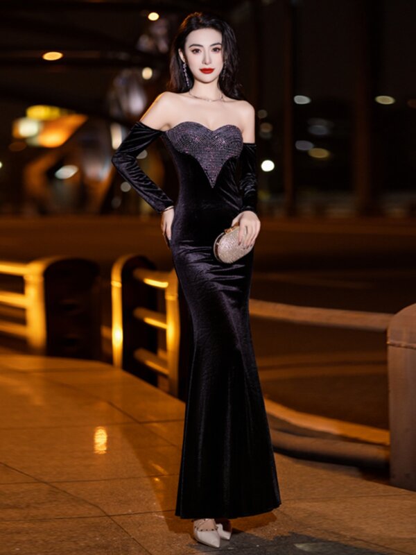 Vestido de noche femenino de gama alta, Top de Tubo negro fino, vestido de fiesta francés de cola de pez de cumpleaños, anfitrión de banquete de gama alta