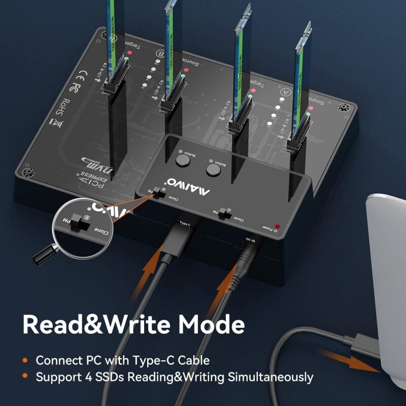 Duplicatore Docking Station MAIWO 4 Bay NVME M.2, NVME PCIe M.2 Drive a USB3.1 GEN2 Adapter Cloner, fino a 10Gbps, capacità 8TB,