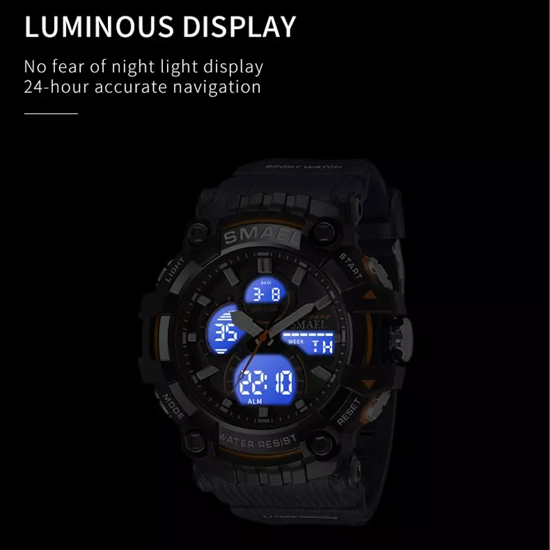 SMAEL-Relógio de quartzo estilo esportivo masculino com caixa de liga, choque impermeável, militar, relógio digital masculino, relógio, novo, 8079