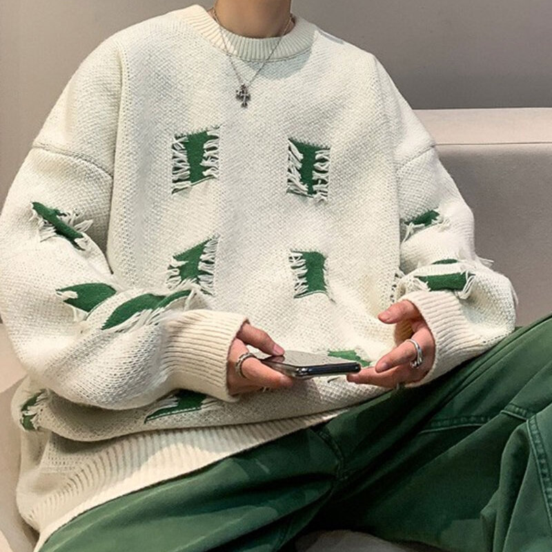 Пуловеры мужские свободные вязаные повседневные теплые осенне-зимние с круглым вырезом потертые подростковые в японском стиле Модные парные уличные