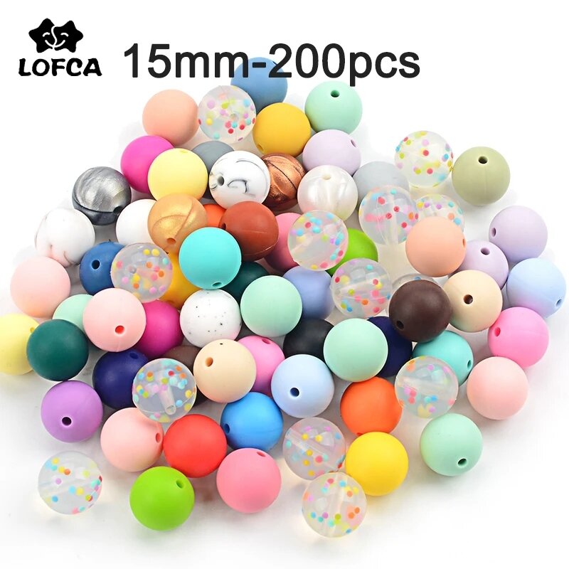 LOFCA 15mm 200pcs silicone Beads food grade Round Teether Beads Baby Chewable Teething Beads Pacifier Pendant Making Accessories