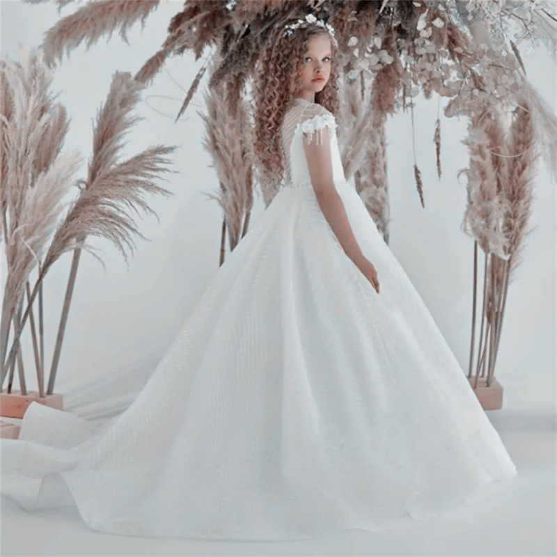 فستان دانتيل أبيض منفوش مع شرابة للفتيات ، فساتين جميلة حبيبته ، أول ثوب بالتواصل لأول مرة أو حفل زفاف