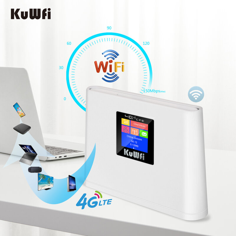 KuWFi-Desbloqueado 4G WiFi Router com slot para cartão Sim, sem fio portátil Pocket WiFi, Hotspot móvel, Smart Display, 150Mbps Lte