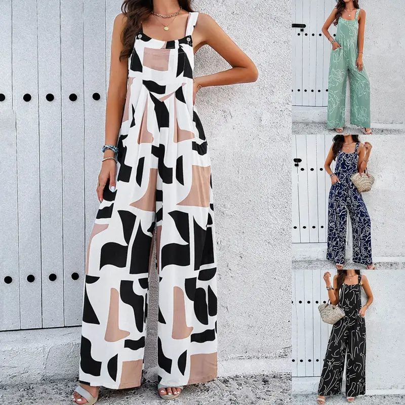 Summer Sleeveless High Jumpsuit 2024 Women Abstract Print Jumpsuit Chic Streetwear Wide Leg Romper Mujer Outfits Workwear