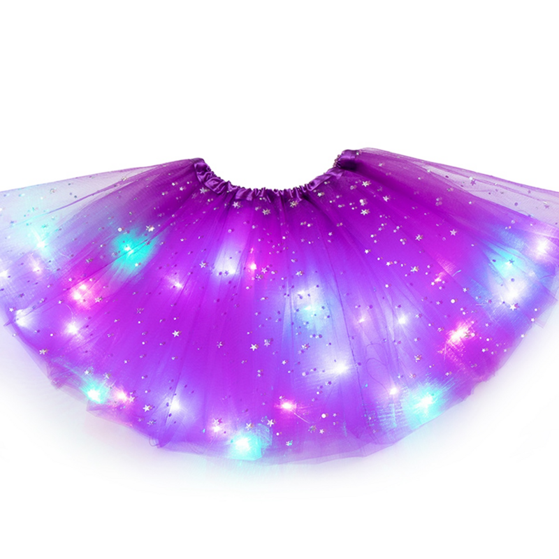 Estrelas Tutu Lantejoula Feminina com LED Neons, Vestido Curto para Dança Colorido, Saias Tutu Brancas