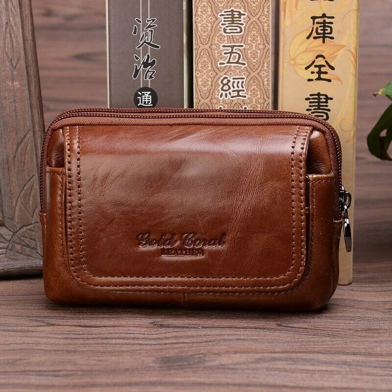 Real Cowhide Waist Bag Cell Mobile Phone Case Hook Purse Casual High Quality Genuine Leather Men Hip Bum Belt Fanny Pack