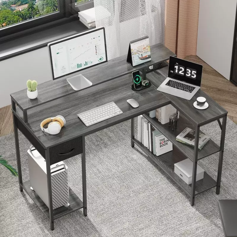 L Shaped Gaming Desk com luzes LED e Power Outlets, mesa de computador reversível com prateleiras e gaveta, mesa de canto para casa