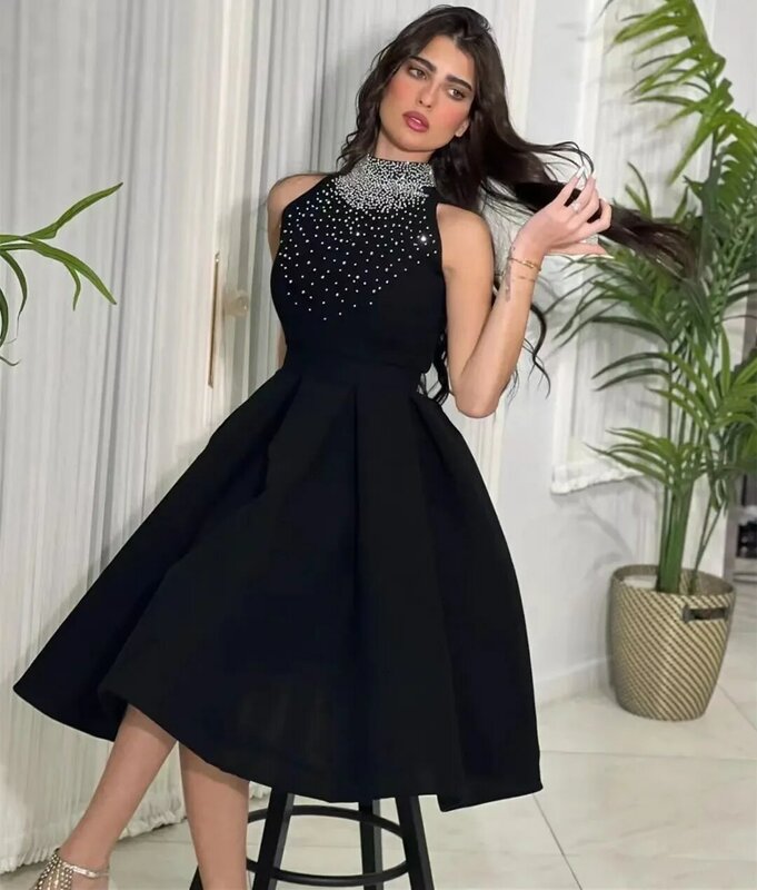 Jiayigong Black Ruched Satin Homecoming Dresses High Collar Beaded Sleeveless Graduation Party Gowns A Line Short 