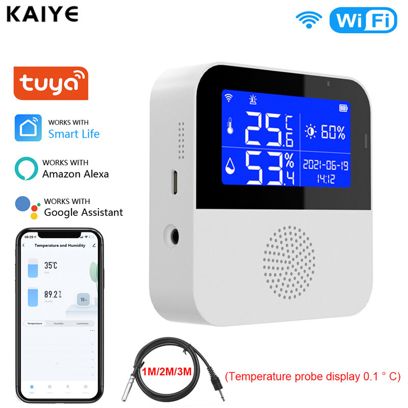 Tuya Smart Home Temperatura e Umidade Sensor de Alarme, Higrômetro Interior e Exterior, Detector de Termômetro, WiFi, Suporte Alexa e Google Home