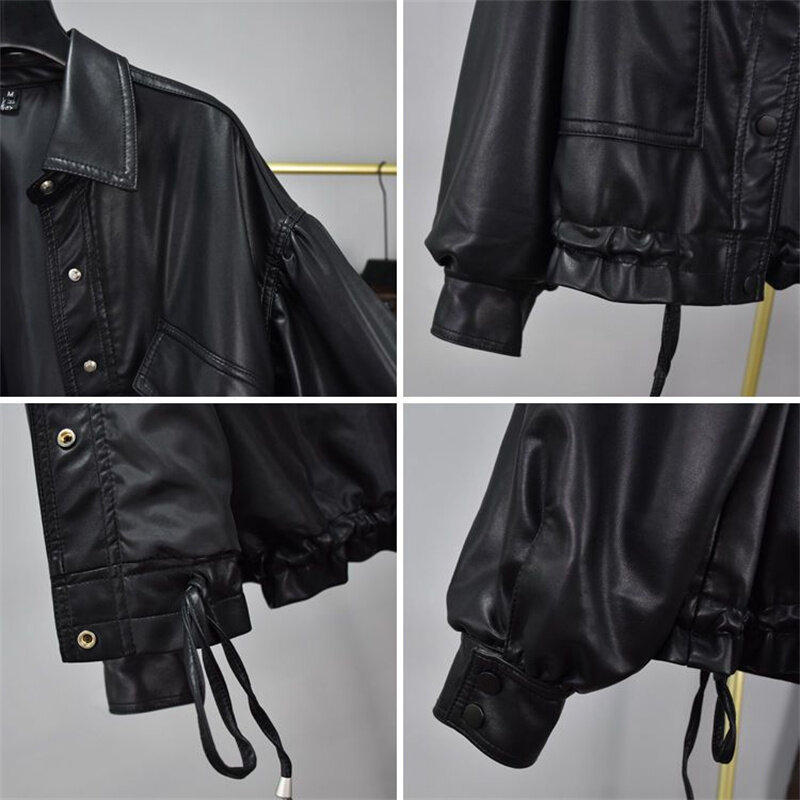여성용 PU 소형 가죽 재킷, 유럽 용수철 가을 짧은 패션 외투, 오토바이 드로스트링 오버코트, 2024 신상