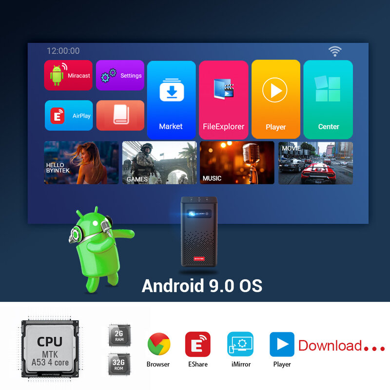 BYINTEK P20แบบพกพาขนาดเล็กสมาร์ท Android WIFI TV วิดีโอ Pico LED เครื่องโปรเจคเตอร์ Full HD 1080P โทรศัพท์มือถือสมาร์ทโฟน PC 4K Cinema