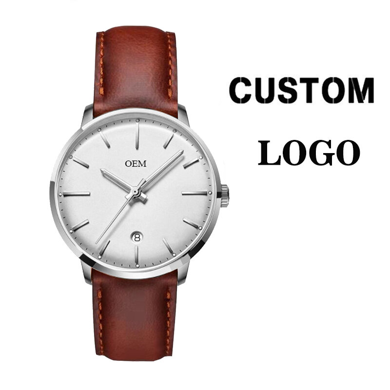 Relógio de quartzo de vidro convexo para homens, data no mostrador, personalize seu logotipo, marca resistente à água, qualidade 3ATM
