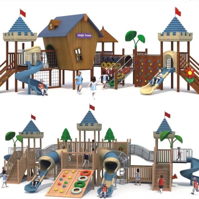 Asilo all'aperto grande combinazione di diapositive in legno struttura rampicante per bambini all'aperto casa sull'albero attrezzature per il divertimento della comunità