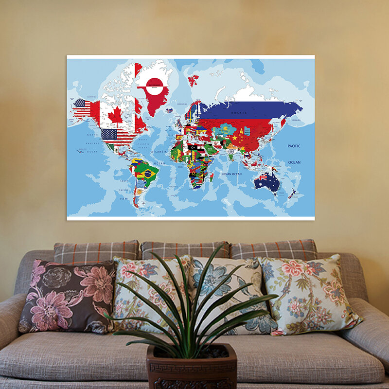 غير المنسوجة خريطة العالم الكبيرة مع أعلام البلاد ، مكتب والمدرسة الجدار الديكور ، ملصق اللوحة ، 150x225cm