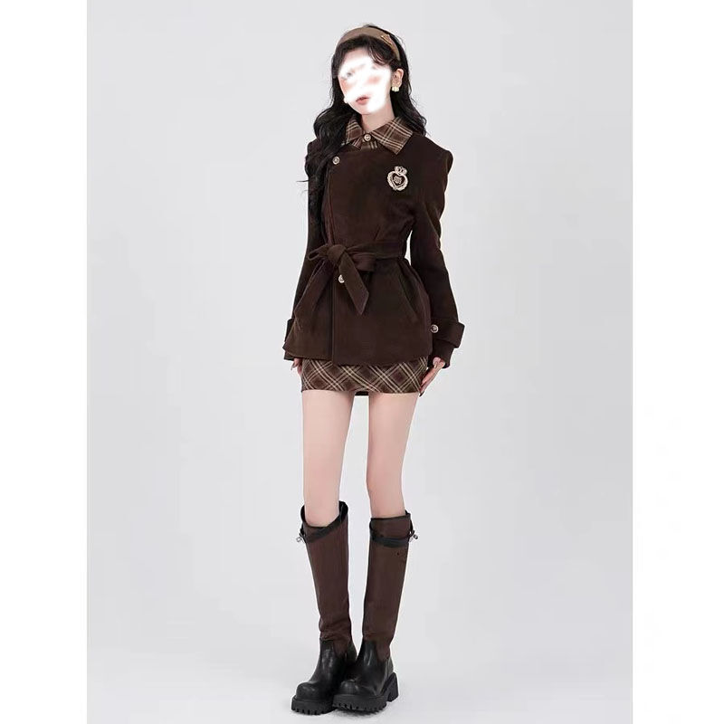 Autumn And Winter College Style Waist Black Woolen Coat Patchwork Pattern Skirt two-piece Suit Women Improved Jk Uniform Set