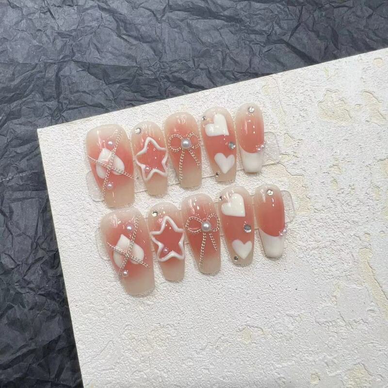 10 шт. розовый гроб ручной работы нажимные ногти полное покрытие дизайн сердца Жемчужный Цветок градиентные искусственные ногти пригодные для носки
