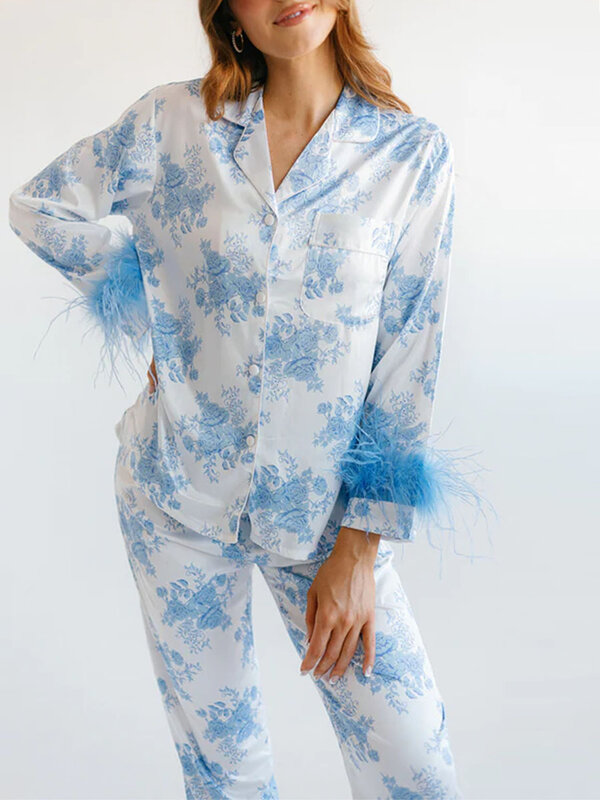 女性用フラワープリントのパジャマセット,ボタン付き長袖トップス,パッチワーク,パンツ,ナイトウェア