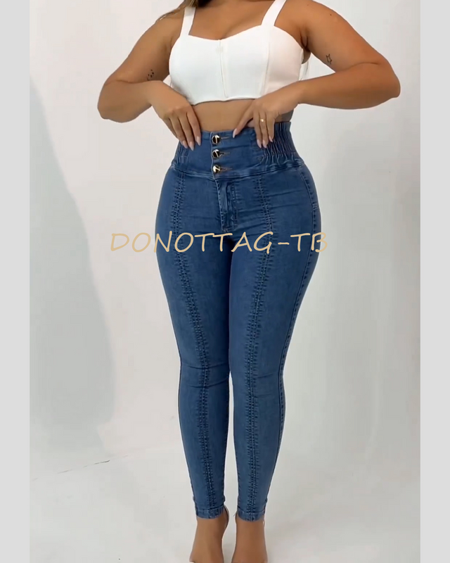 Jeans de cintura alta feminino com vincos elastificados na cintura, plus size, magro azul, demin, figura sexy, calças compridas