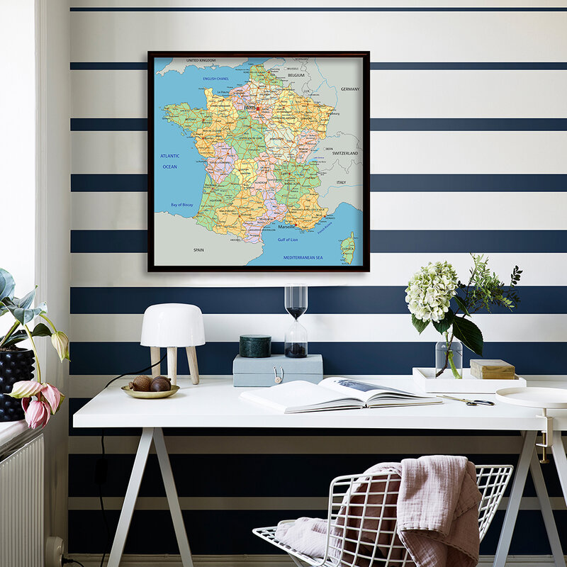 Pintura en lienzo no tejida de mapa política de Francia, póster de arte de pared, decoración del hogar y sala de estar, suministros escolares en francés, 90x90 cm