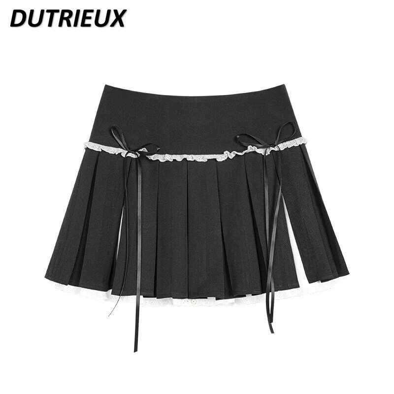 Mini jupe plissée noire style preppy pour femme, faux nœud deux pièces, coupe couvertes, douce Lolita, cool, printemps, été, nouveau, 2024