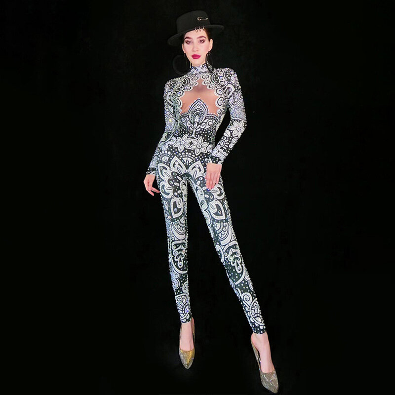 Customized New Long Sleeve Rhinestone High Elastic Sequins Sexy Tight jumpsuit Birthday Party Long Dress Performance Dress