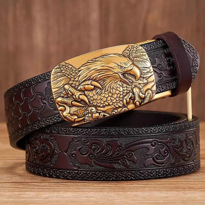 3.5CM Eagle Automatic Buckle Belt Emboss Cowskin Belt Quality Men Wasitbad Strap Genuine Leather Gift Business Belt For Jeans