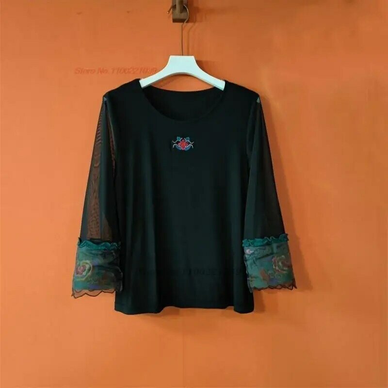 2024 민족 꽃 자수 o넥 메쉬 셔츠, 중국 민족 빈티지 베이스 셔츠, 동양의 우아한 탄성 티셔츠, 스트리트웨어