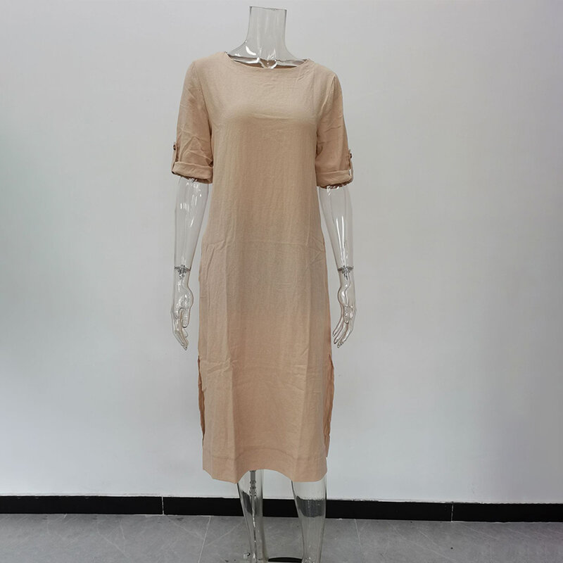 Женское длинное платье-туника, стильное удобное платье из хлопка и льна с круглым вырезом, идеально подходит для лета