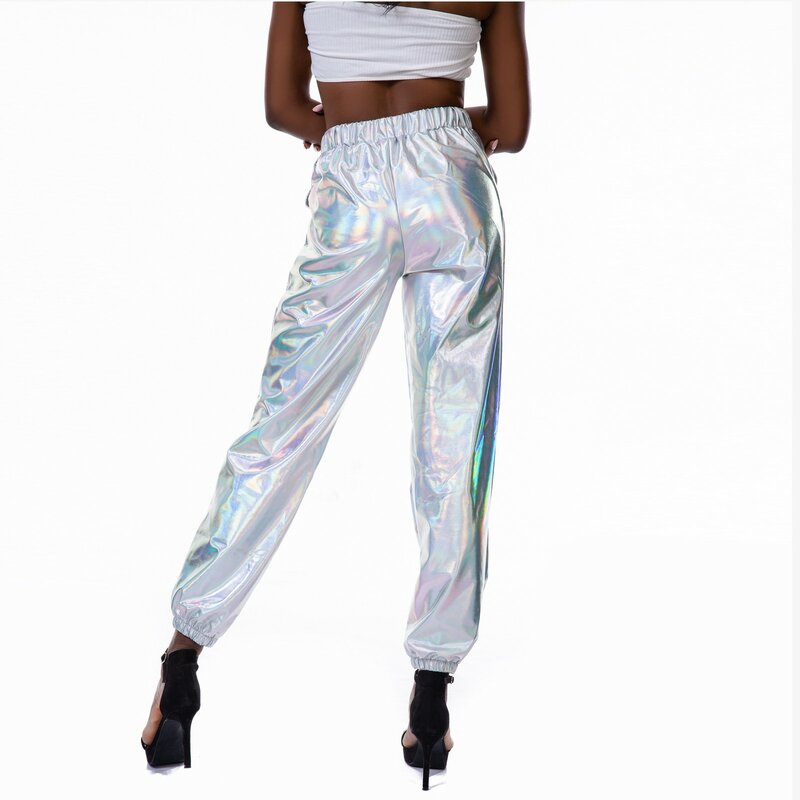 Pantalon long de loisirs laser pour femmes, pantalon décontracté à la mode, poches, taille élastique, cheminée brillante, cool, fjmn