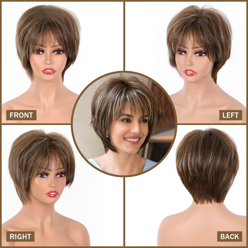 Wig Pixie coklat pendek untuk wanita putih wig rambut pendek manusia dengan poni campuran wig berlapis potongan serat sintetik lurus pirang
