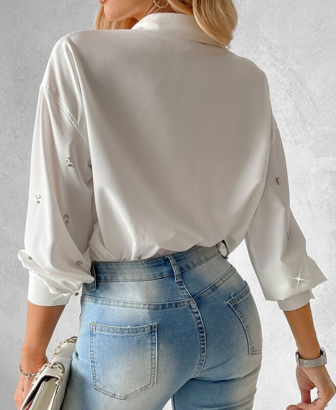 Blusa feminina de strass com gola virada para baixo, blusa de manga comprida, elegante camisa lisa, roupa Y2K, moda diária, primavera, 2022