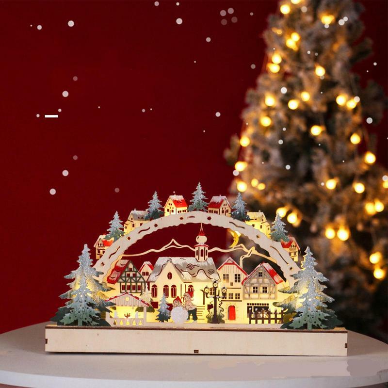 Christmas Village House Decoration Creative Christmas House With LED Light Glowing Santa Claus Wooden House Ornament Pre-lit LED