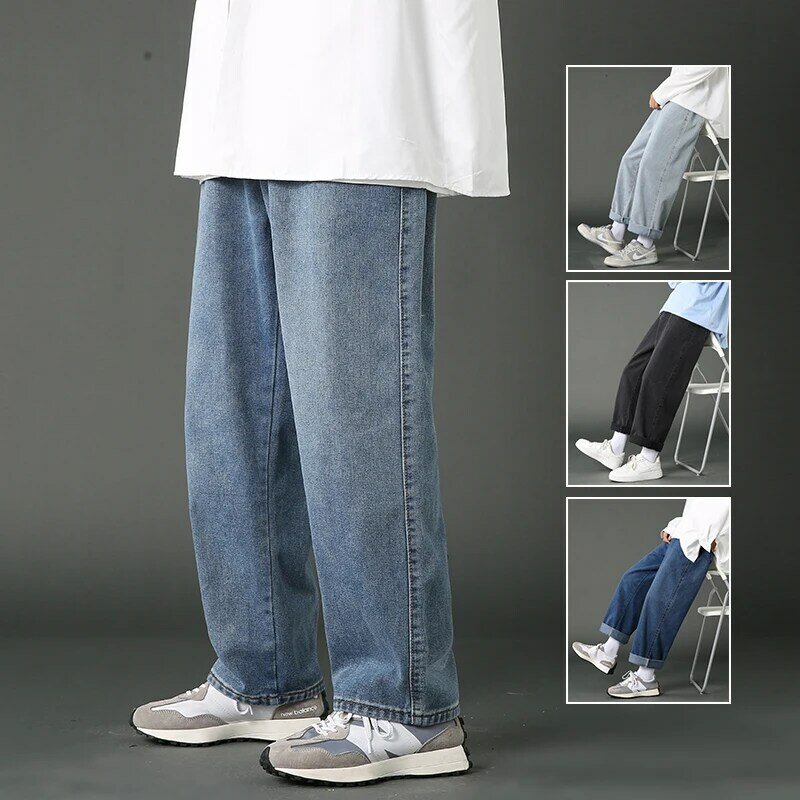 Calça jeans larga e casual masculina, calça reta de perna larga, calça jeans de casal, preto azul claro, moda coreana, hip hop, rua, novo, 2023
