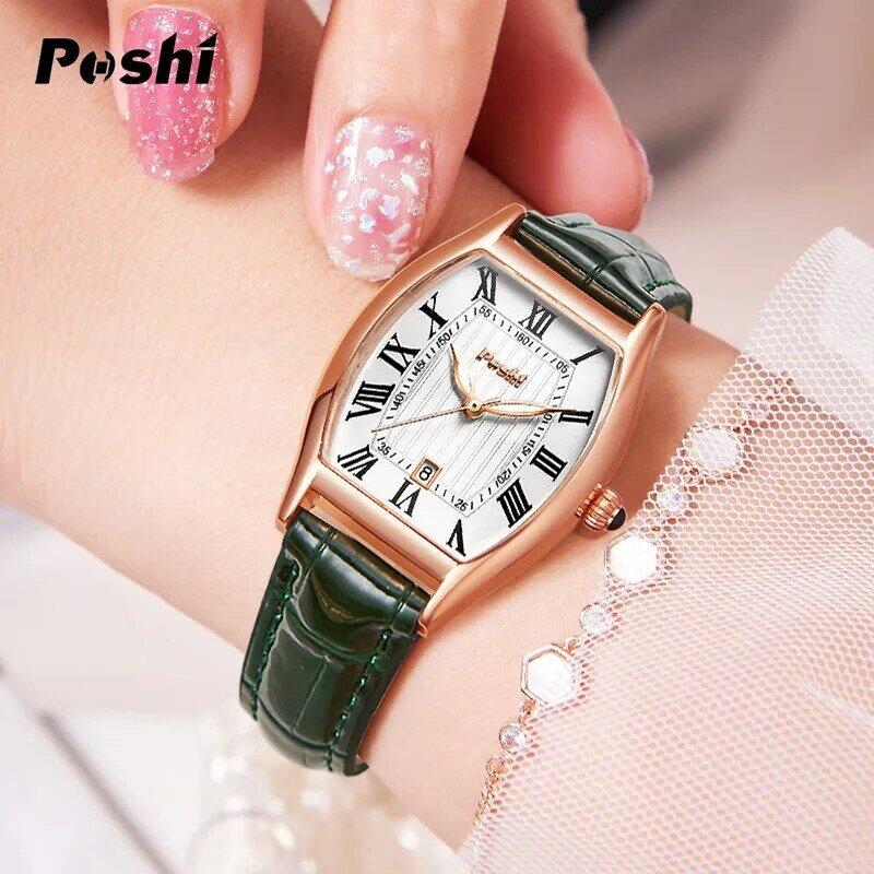 POSHI zegarki luksusowe dla kobiet luksusowy skórzany pasek wodoodporny kwarcowy nadgarstek zegarek z datownikiem żeński prezent Feminino