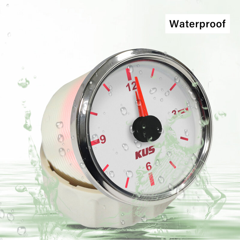KUS 52mm Boat Hour Quartz Clock Gauge Waterproof Marine Car RV Clock Dial 12 Hour with Red Backlight 12V 24V