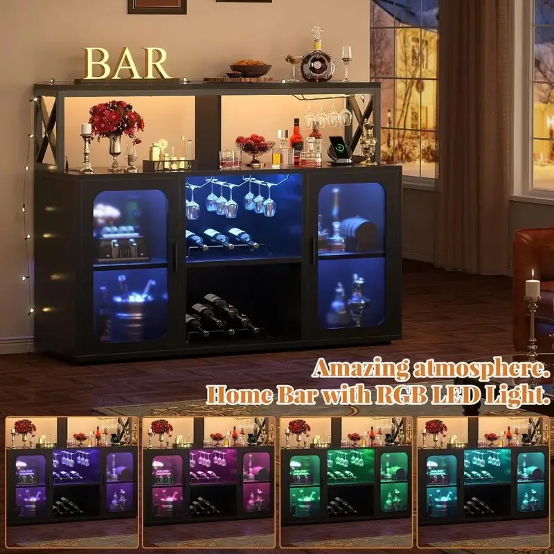 Bar Cabinet , Liquor Cabinet with Led Lights and Glass Holder, Storage Buffet  Coffee Bar Cabinet for Liquor