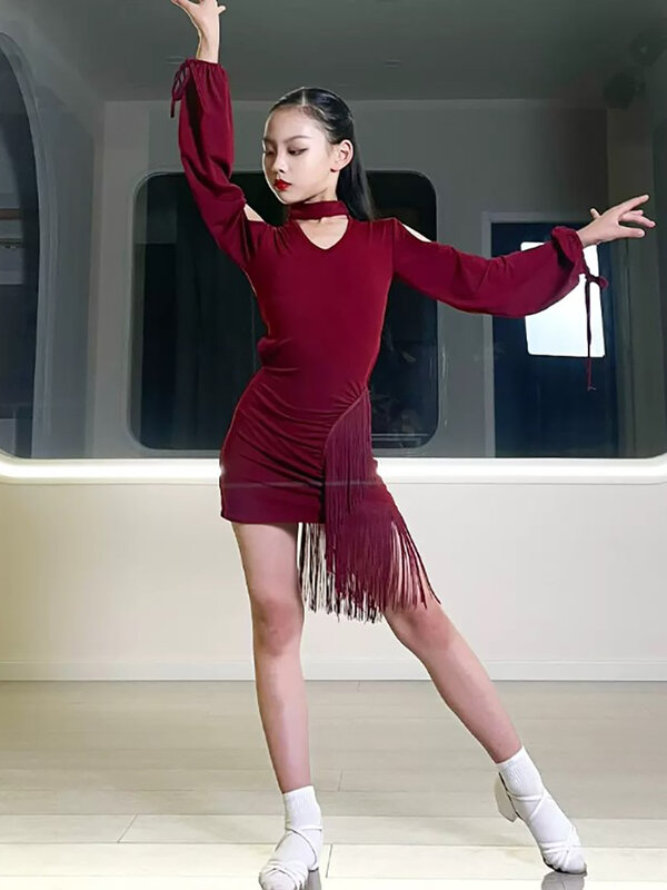 Kinder Meisje Latin Dancewear Uitgesneden Schouder Kwastje Taille Rug Holle Trainingsjurk Samba Cha Rumba Danswedstrijd Kostuum