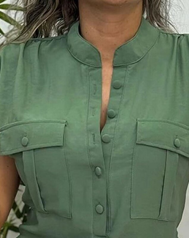 Top de manga larga con botones y bolsillo para mujer, camisa informal con cuello levantado, Color sólido, a la moda, para uso diario, Verano