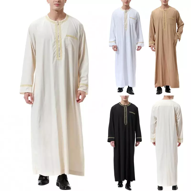 Moslim Mannen Jubba Thobe Print Rits Kimono Lange Gewaad Saudi Islamic Musulman Kleding Abaya Caftan Islam Dubai Arab Jurk