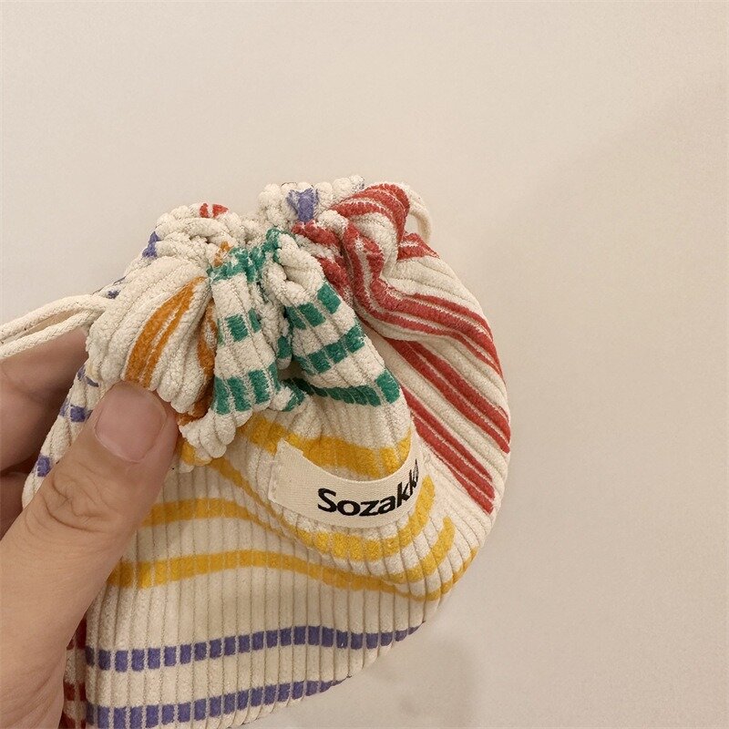 Small Corduroy Coin Purse Key Earphone Drawstring Storage Bag Women Girls Jewelry Lipstick Cosmetic Tote Rope Pouch String Bags