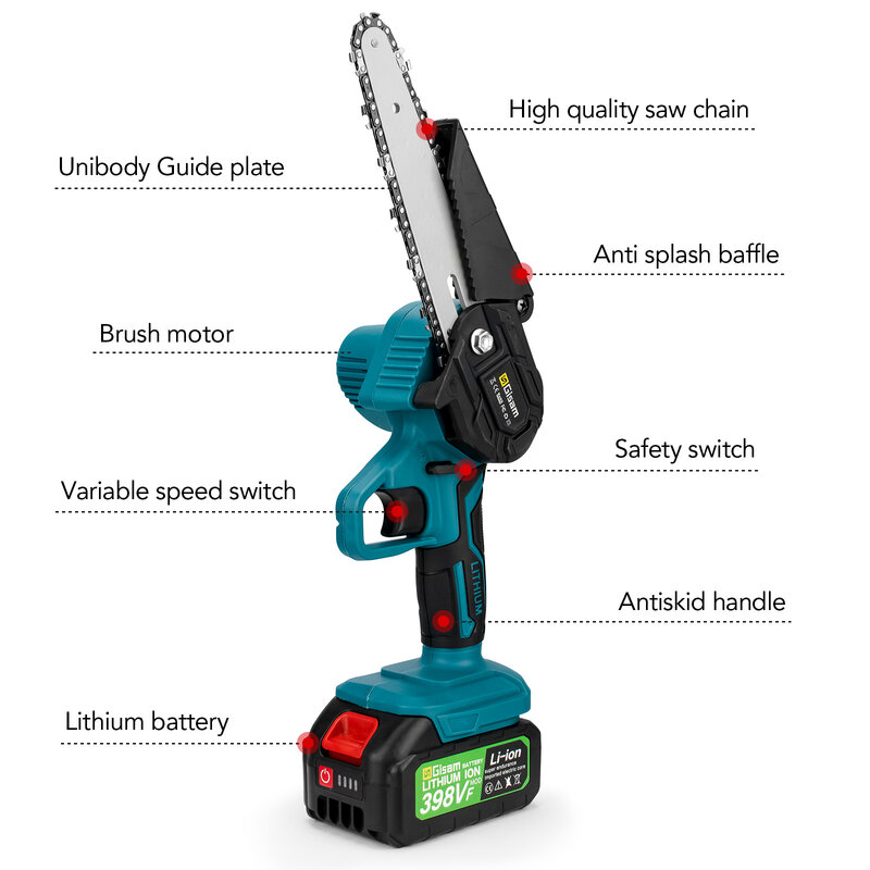 Gisam Battery Electric Chainsaw 6Inch Rechargeable Woodworking Saw Handheld Pruning Logging Saw Garden Power Tool for Makita 18V