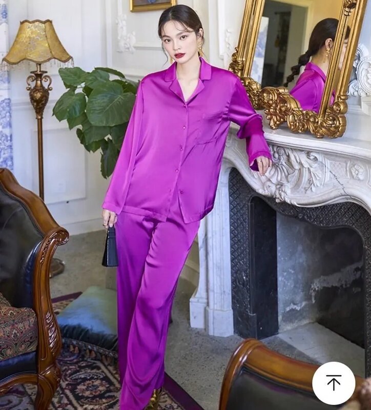 Ice Silk Pajamas for Women Satin Solid Color Loose Long Sleeved Shirt  Trousers Woman Can Wear Outside Sleepwear 2 Piece Outfits