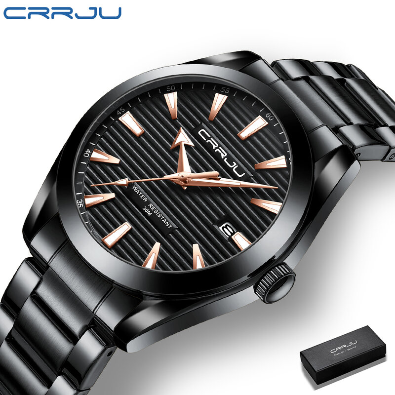 Crrju-男性用高級時計,ステンレススチール,耐水性,クォーツ,手首,スポーツ,男性