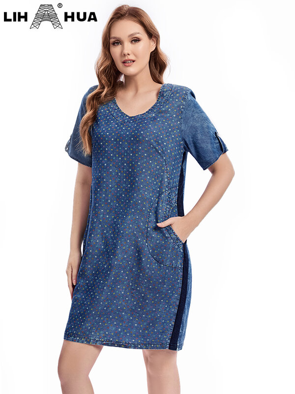 LIH HUA damska Plus rozmiar sukienka jeansowa jesień elegancki, szykowny sukienki dla pulchnych kobiet tkane bawełniane sukienki