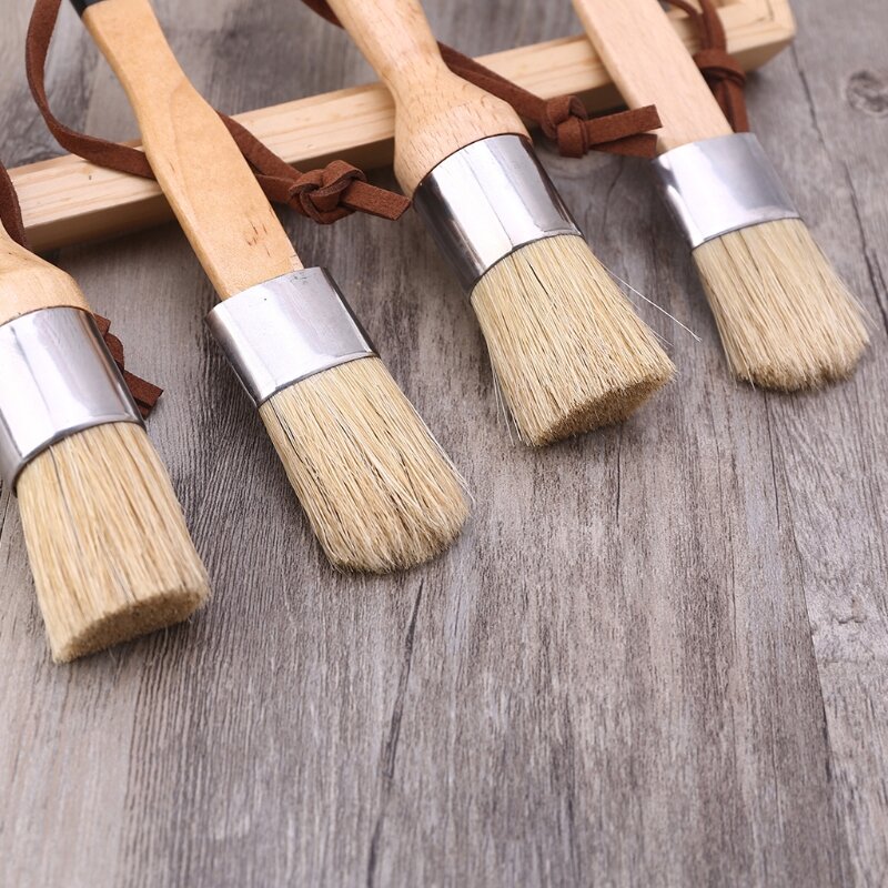 2Pcs Natural Bristle Brush Round and Flat Chalk & Wax Paint Brush DIY Painting Waxing Tool for Home Decor, Wood DropShip