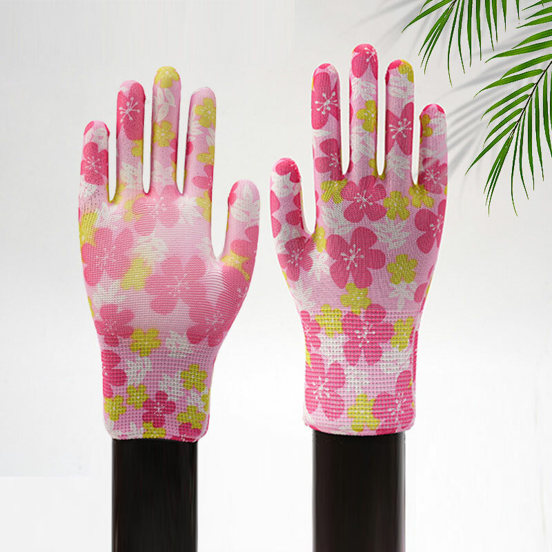 庭用ゴム製作業用手袋,耐摩耗性,花の色,塗装パームベルト,接着剤,細かい,PUナイロン,女性用